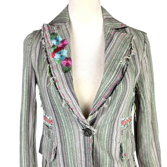 Aziz Green & Gray Stripe Distressed Edge Embroidered Flower Cotton Blazer Jacket - Picture 4 of 9